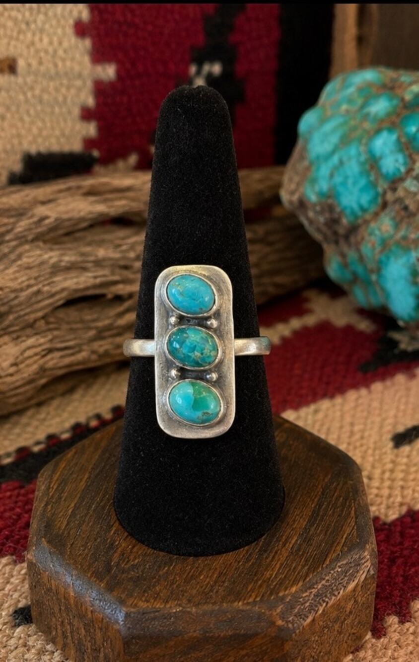 Three Stone Turquoise Sterling Silver Ring | Long Southwestern Statement Ring - Picture 2 of 7